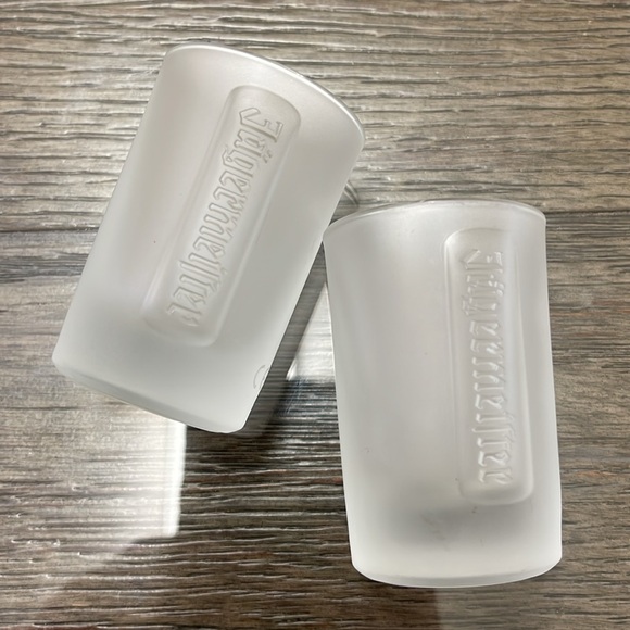 Pair of Embossed Jagermeister Frosted Glass 1 fl. oz Shot Glasses Barware Bar - Picture 12 of 14
